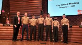 Lebanon Trail HS Navy National Defense Cadet Corps Color Guard posts colors at city council meeting