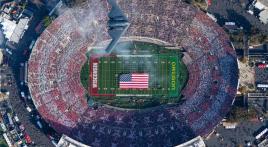 B-2 stealth bomber flies over the 2020 Rose Bowl game