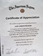 Lee Greenwood receives Certificate of Appreciation