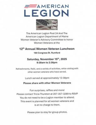 12th Annual Women Veterans Luncheon, Post 24 (Rumford, Maine)