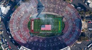 B-2 stealth bomber flies over the 2020 Rose Bowl game